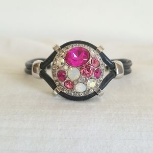 Black Leather Silver Pink Rhinestone Bracelet